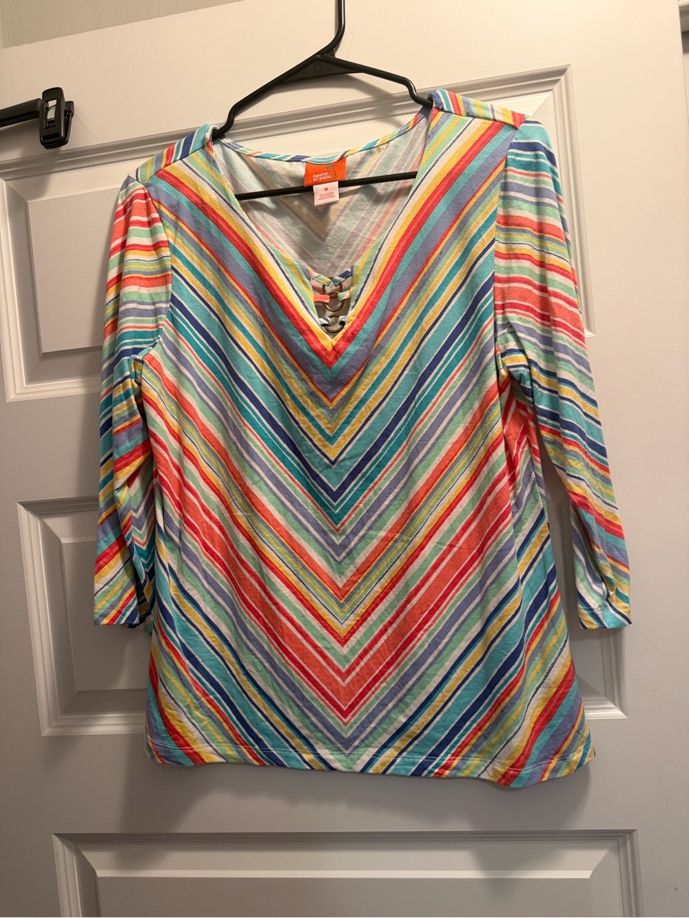 hearts of palm Rainbow Chevron V-Neck Long Sleeve Top with Lace-Up